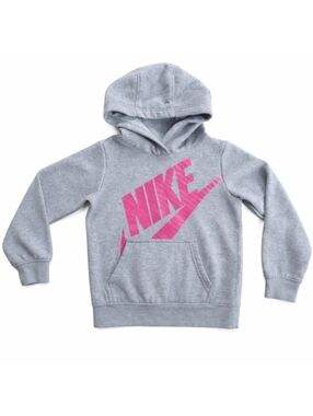 Nike Girls Hoodie Size 6X Gray Pink Logo Pullover Sweatshirt Youth Excellent